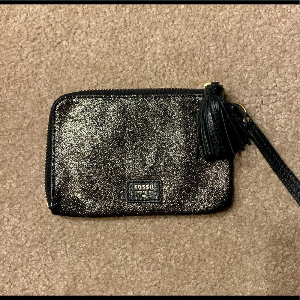 Fossil Tara leather wristlet in black with touch of sparkle